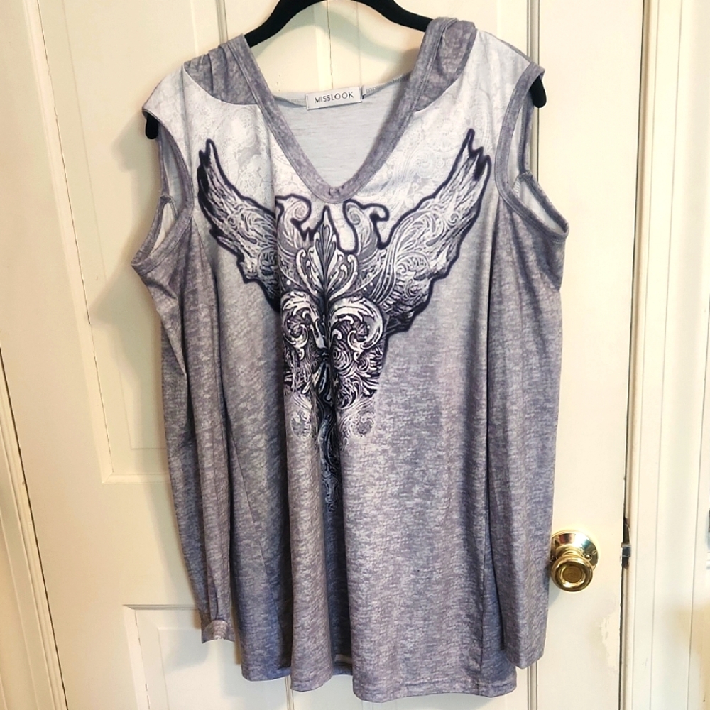 MISSLOOK Gray Long Sleeve  Cold Shoulder Top with Wing Design & Hood Large
